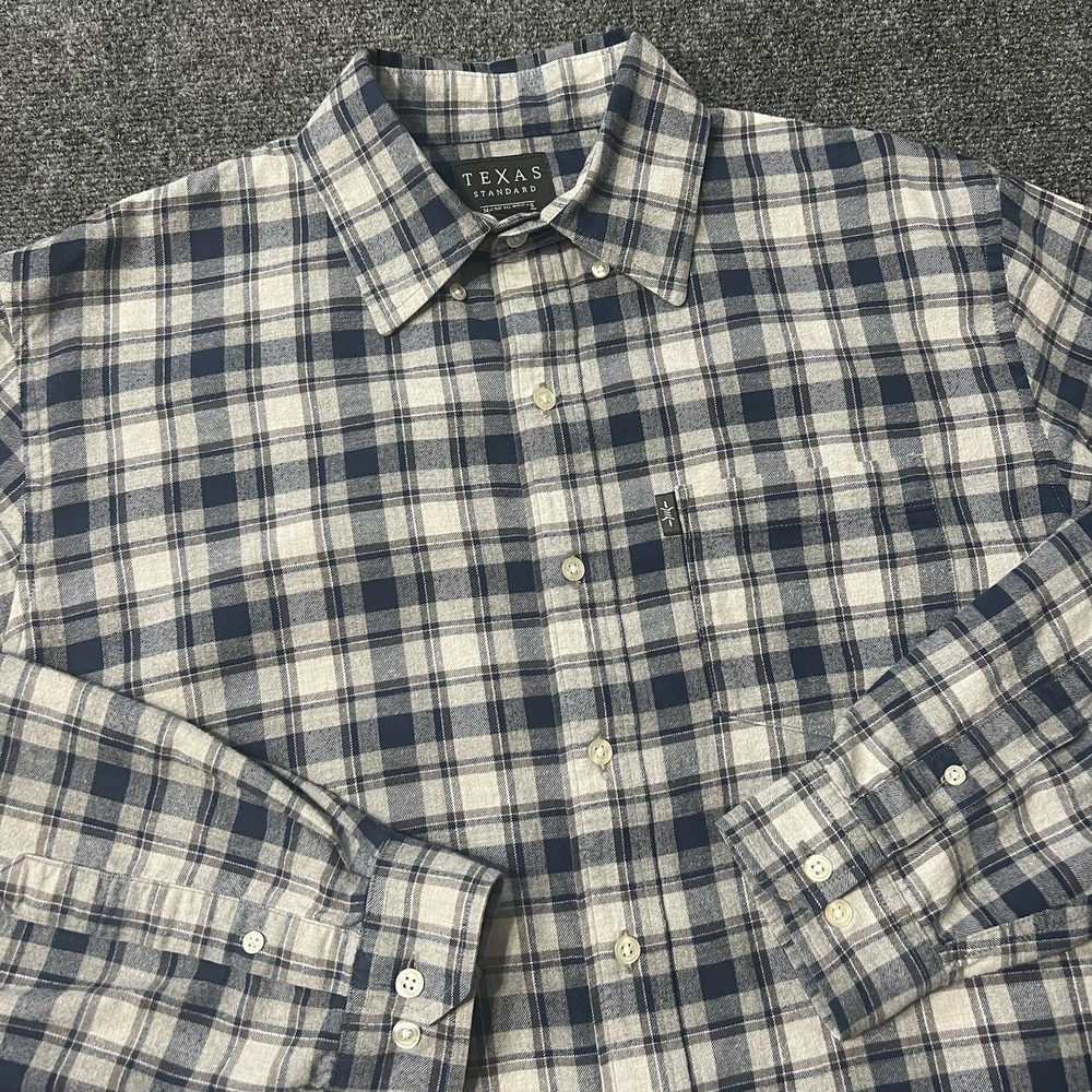 Texas Standard Shirt Mens L Blue Plaid Long Sleeve Button Up Made USA Cotton